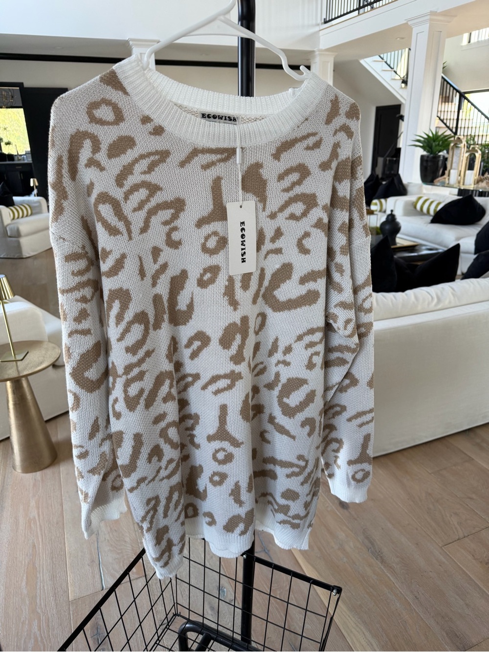 Wish Cream and Tan Leopard-Print Crewneck Sweater